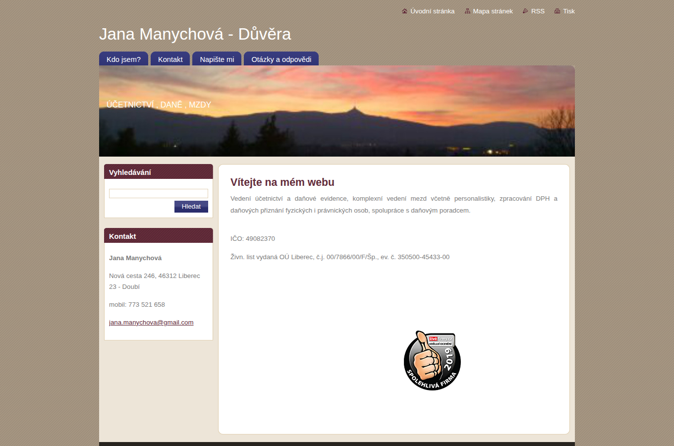 Současný web Jana Manychová - Důvěra na počítači
