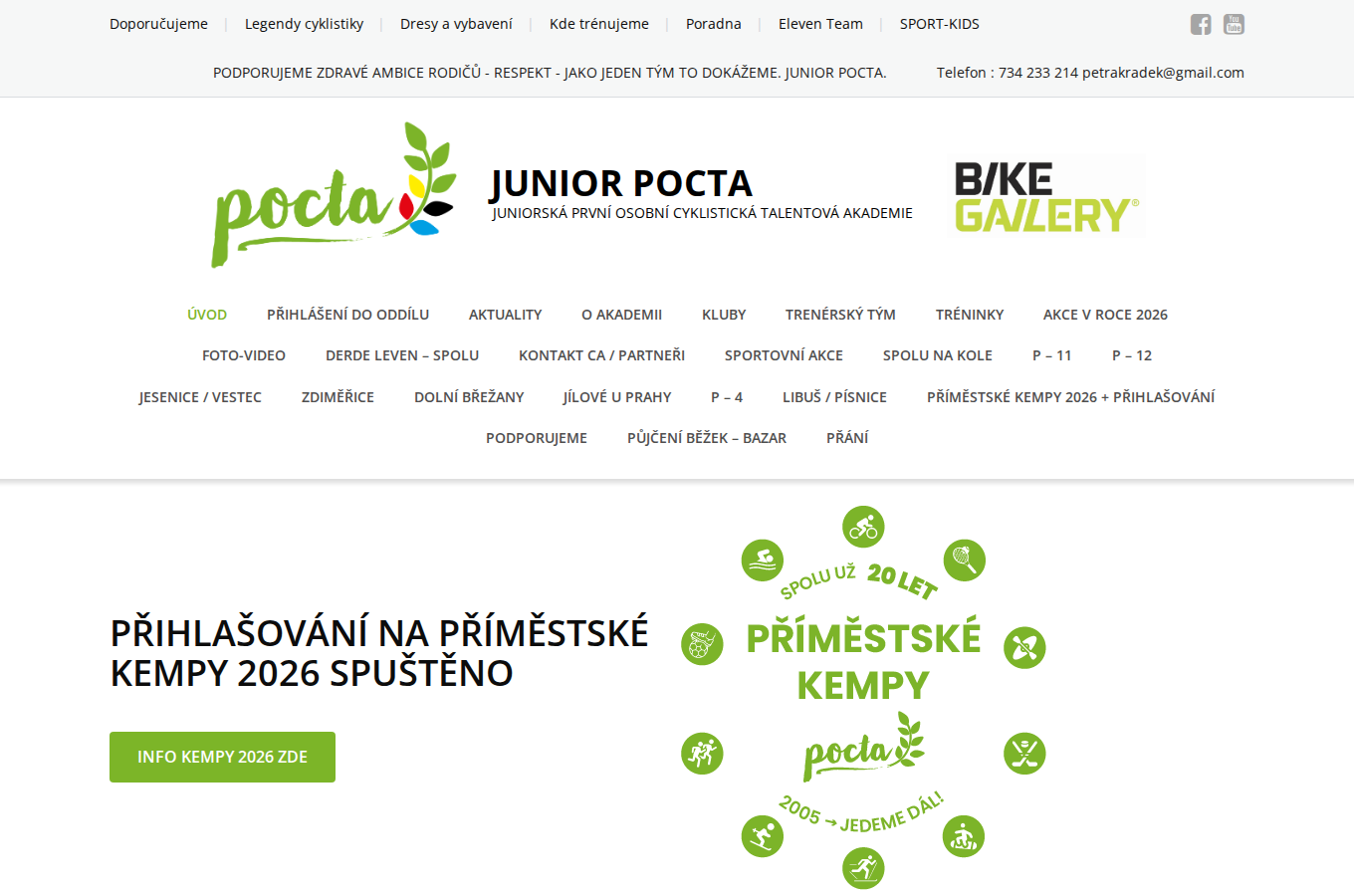 Současný web Junior POCTA – cyklistická talentová akademie na počítači