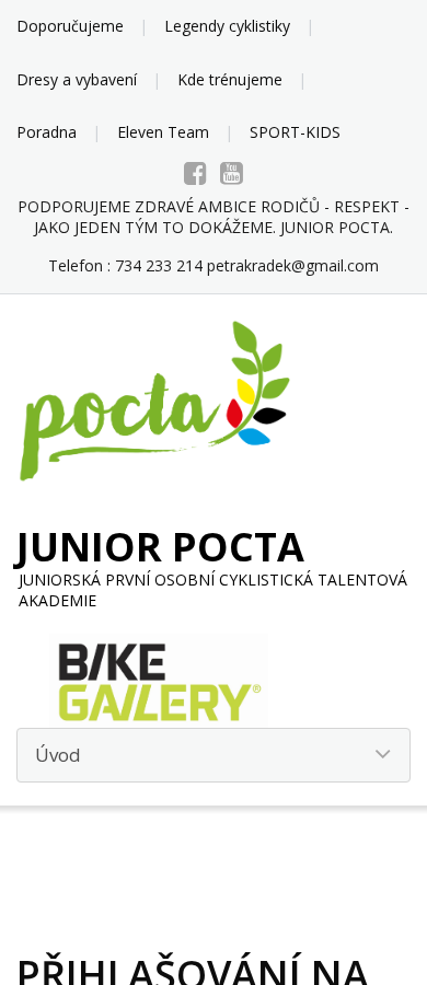Současný web Junior POCTA – cyklistická talentová akademie na mobilu