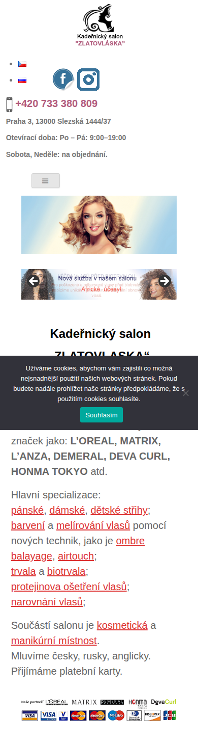 Současný web Kadeřnický salon Zlatovláska na mobilu