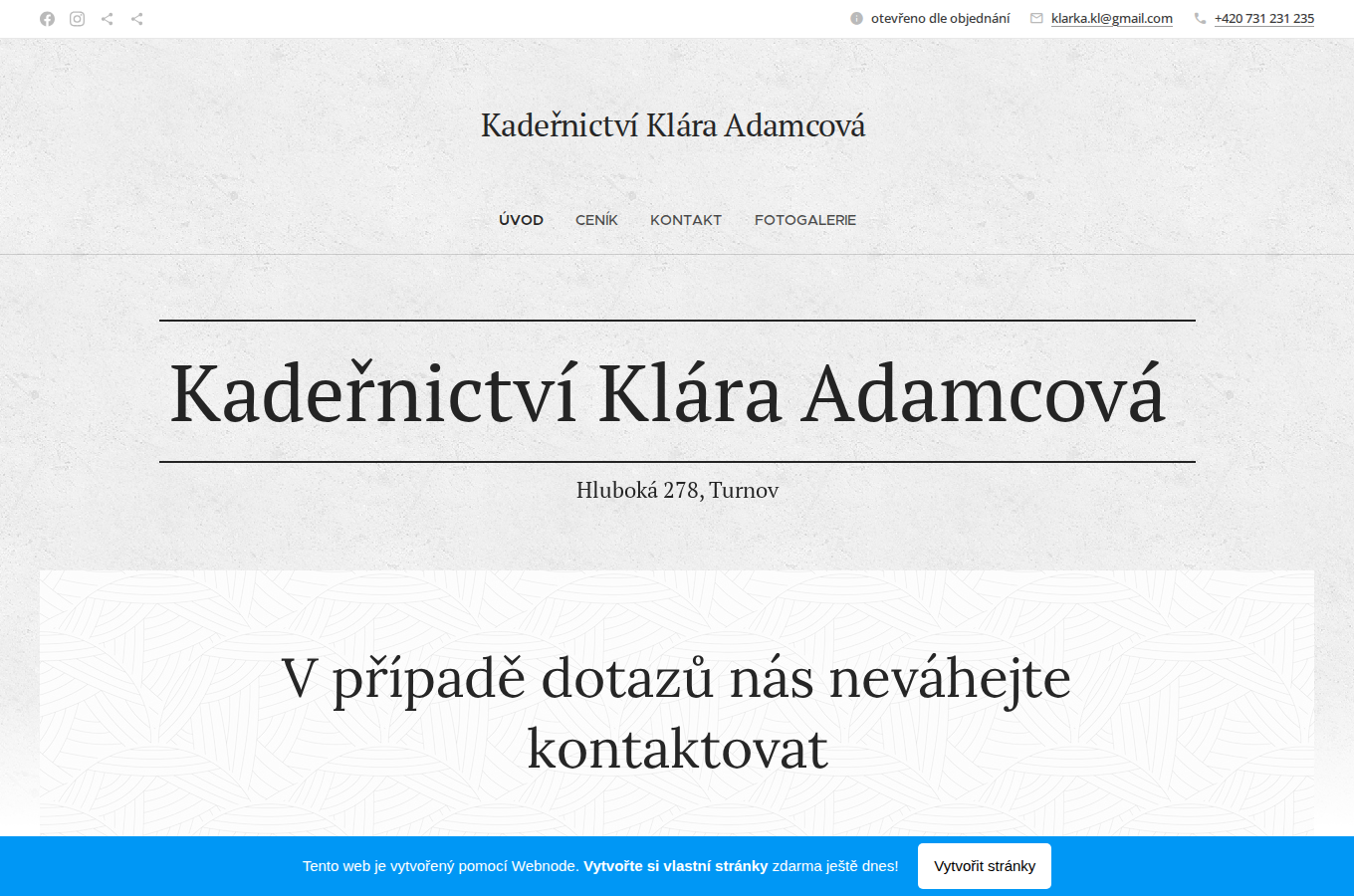 Současný web Kadeřnictví Klára Adamcová na počítači