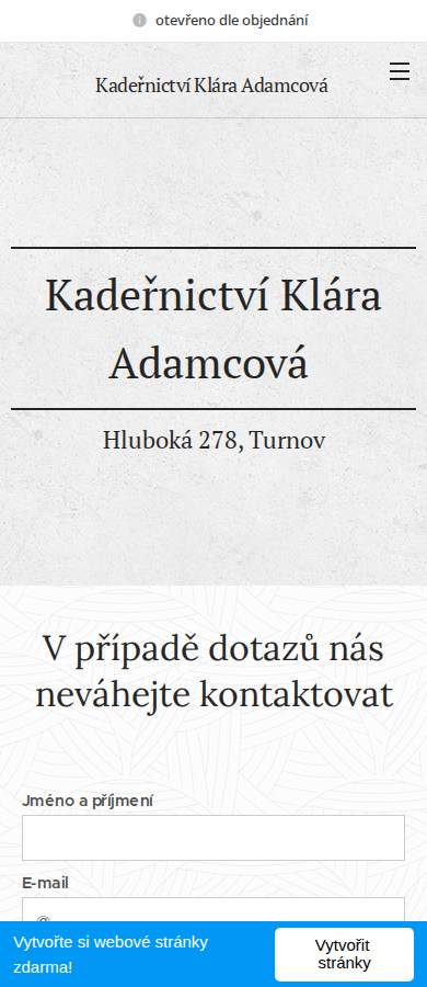 Současný web Kadeřnictví Klára Adamcová na mobilu