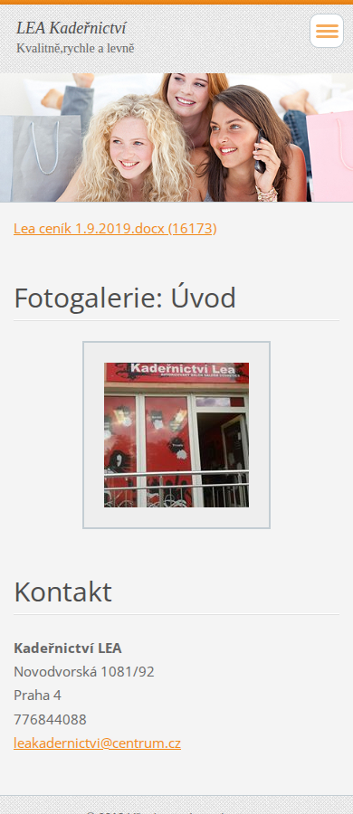 Současný web Kadeřnictví LEA na mobilu