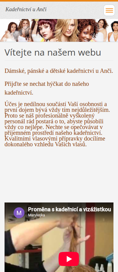 Současný web Kadeřnictví u Anči na mobilu