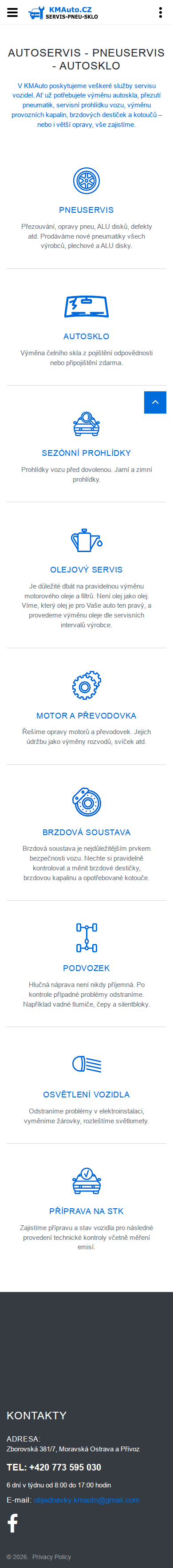 Současný web KMAuto.cz – autoservis, pneuservis a autosklo Ostrava na mobilu