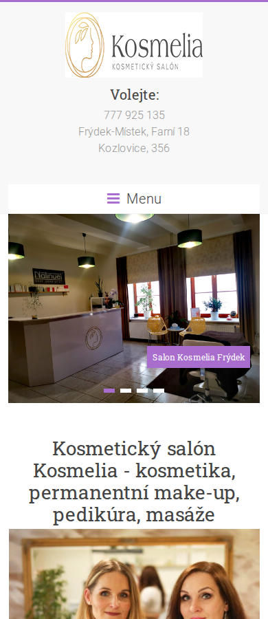 Současný web Kosmelia – kosmetický salon Kamila Polášková na mobilu