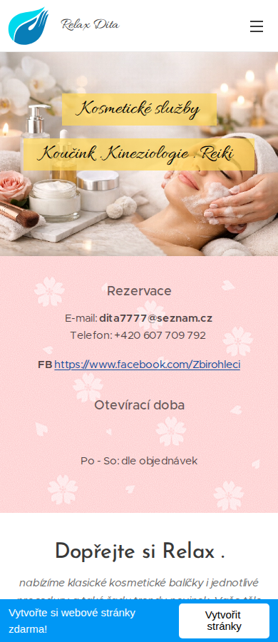 Současný web Kosmetické služby a masáže ve Zbiroze - Relax Dita na mobilu