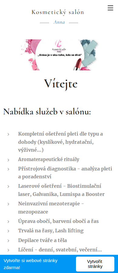 Současný web Kosmetický salón Anna na mobilu