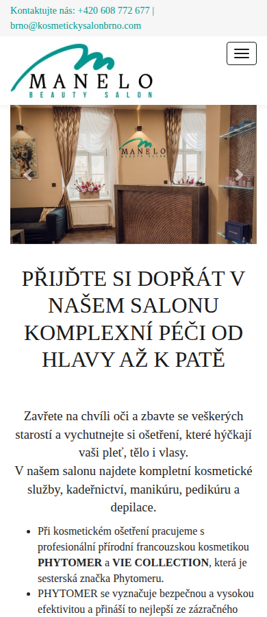 Současný web Kosmetický salon Manelo na mobilu
