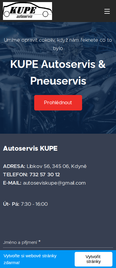 Současný web KUPE Autoservis na mobilu