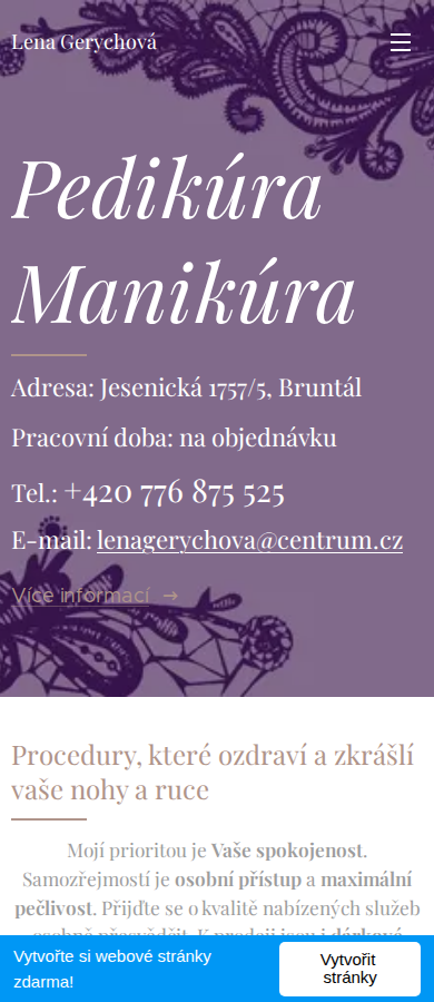Současný web Lena Gerychová pedikúra manikúra na mobilu