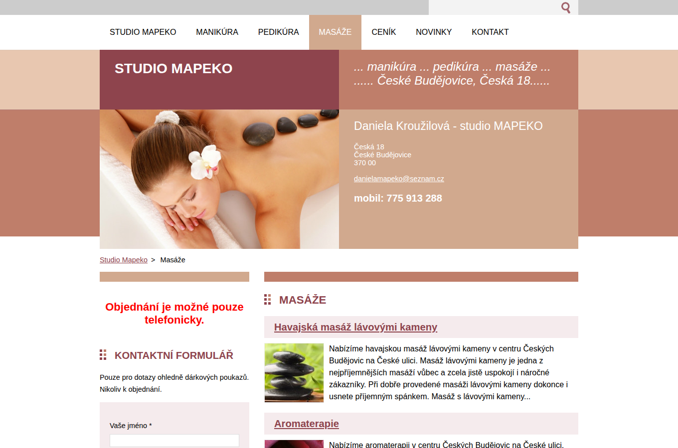 Současný web Mapeko masáže České Budějovice na počítači