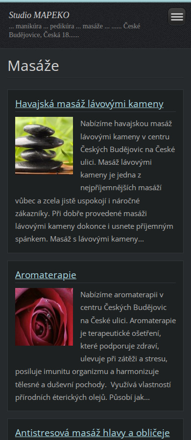 Současný web Mapeko masáže České Budějovice na mobilu