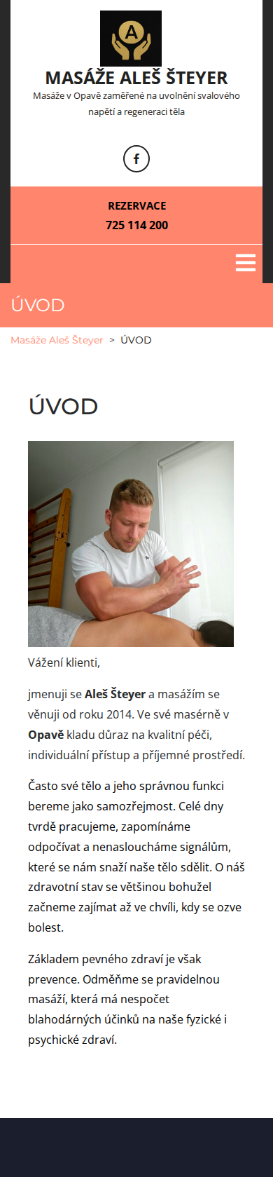 Současný web Masáže Aleš Šteyer na mobilu