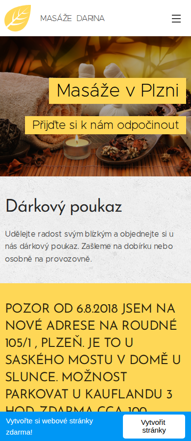 Současný web Masáže Darina Plzeň na mobilu