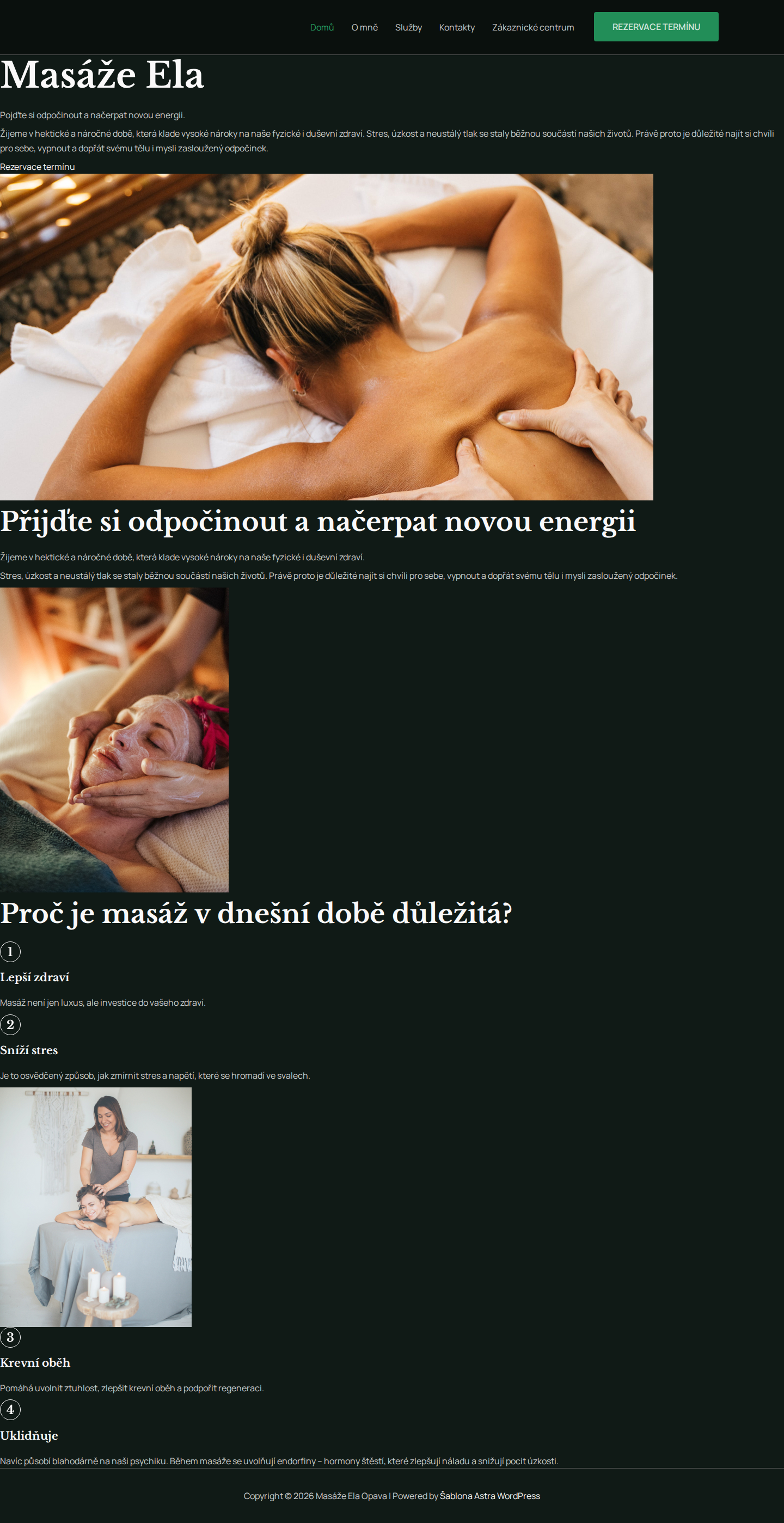 Současný web Masáže Ela Opava na počítači