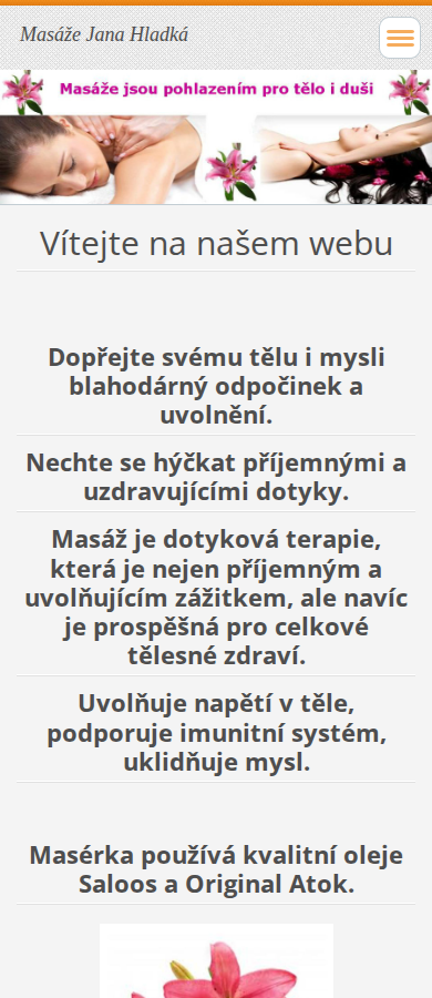 Současný web Masáže Jana Hladká na mobilu