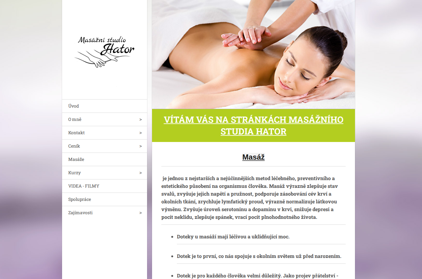 Současný web Masážní studio Hator na počítači