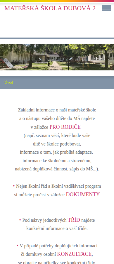 Současný web Mateřská škola Dubová 2 na mobilu