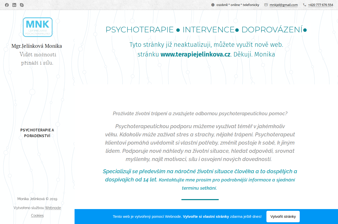 Současný web Mgr. Monika Jelínková – psychoterapie na počítači
