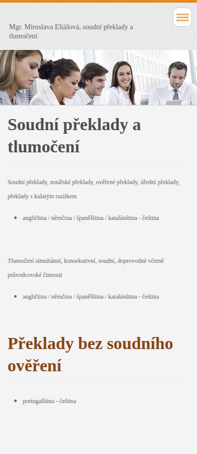 Současný web Miroslava Eliášová – soudní překlady a tlumočení na mobilu