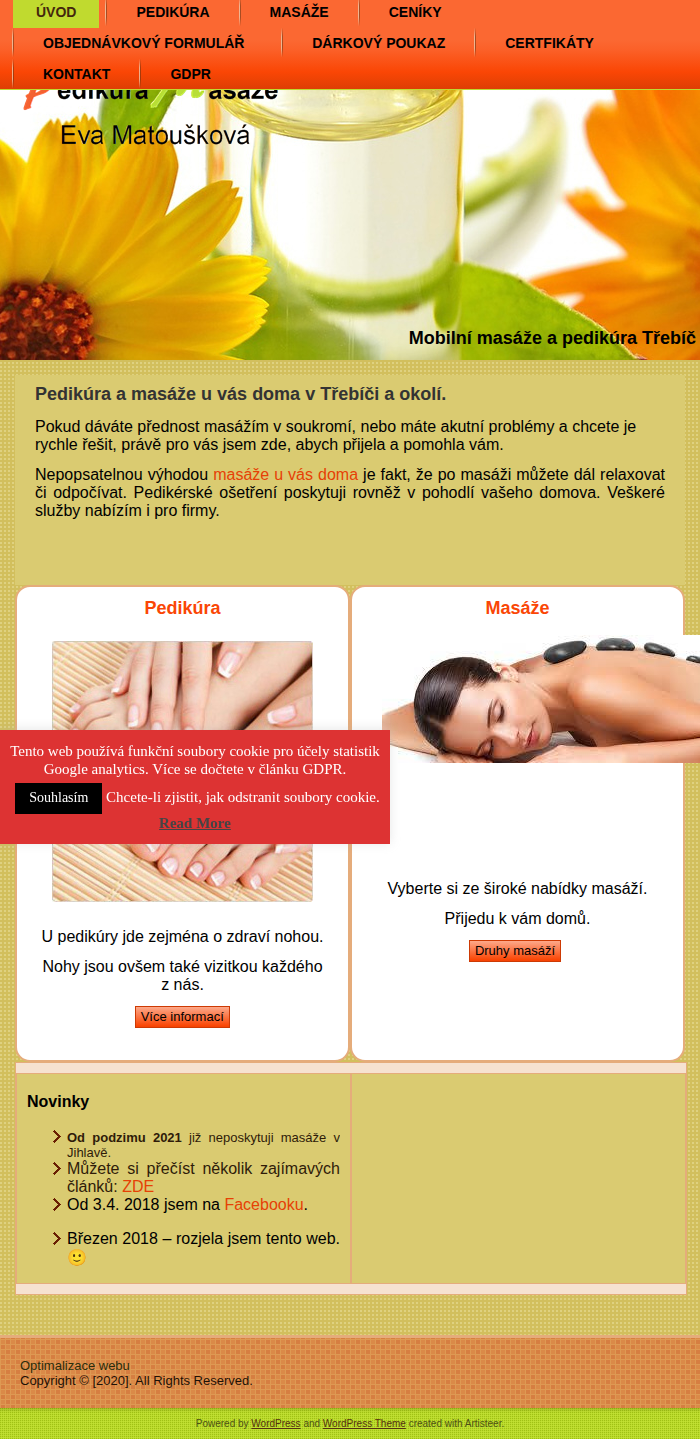 Současný web Mobilní masáže a pedikúra Třebíč na mobilu