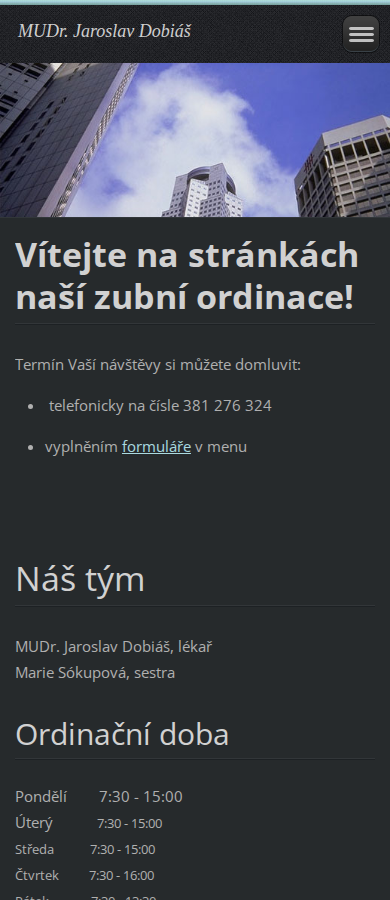 Současný web MUDr. Jaroslav Dobiáš zubní ordinace na mobilu