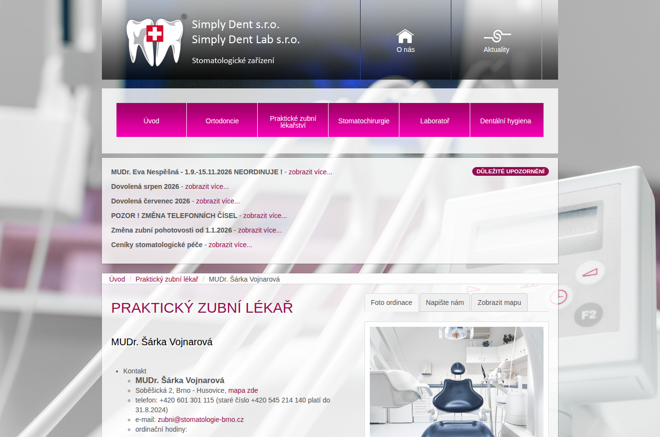 Současný web MUDr. Šárka Vojnarová – praktické zubní lékařství na počítači