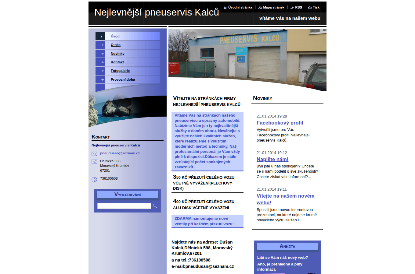 Současný web Nejlevnější pneuservis Kalců na počítači