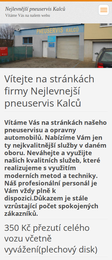 Současný web Nejlevnější pneuservis Kalců na mobilu
