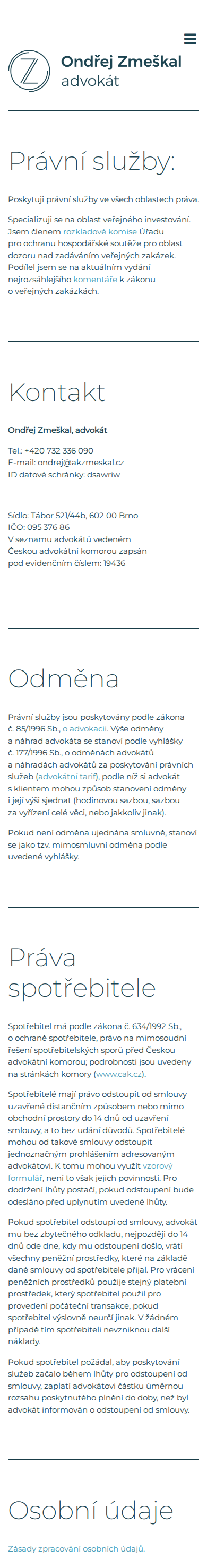 Současný web Ondřej Zmeškal, advokát na mobilu