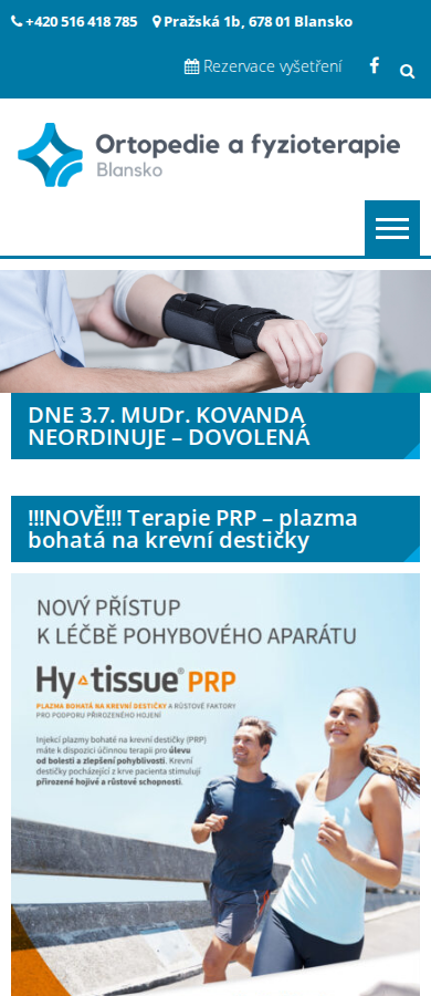 Současný web Ortopedie a fyzioterepie – Ortopedická ambulance v Blansku na mobilu