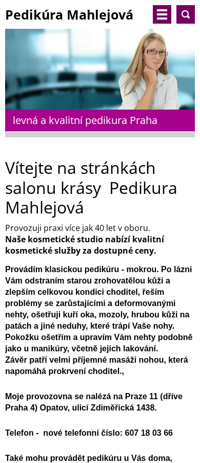 Současný web Pedikúra Mahlejová na mobilu