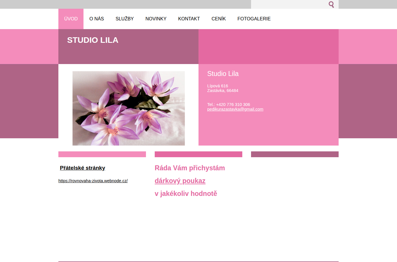 Současný web Pedikúra Zastávka na počítači