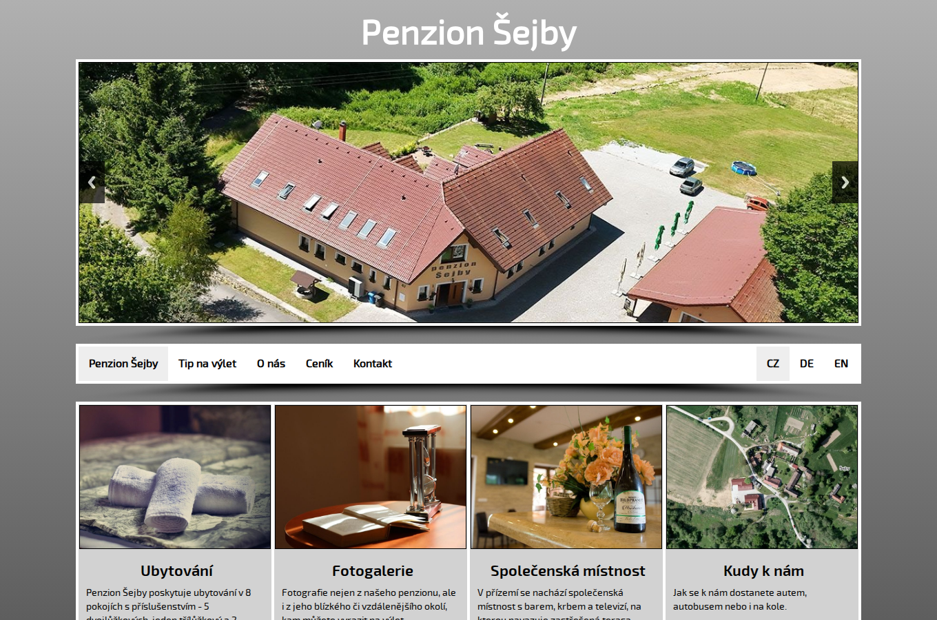 Současný web Penzion Šejby na počítači