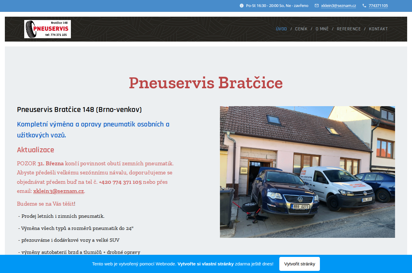 Současný web Pneuservis Bratčice na počítači