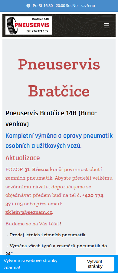 Současný web Pneuservis Bratčice na mobilu