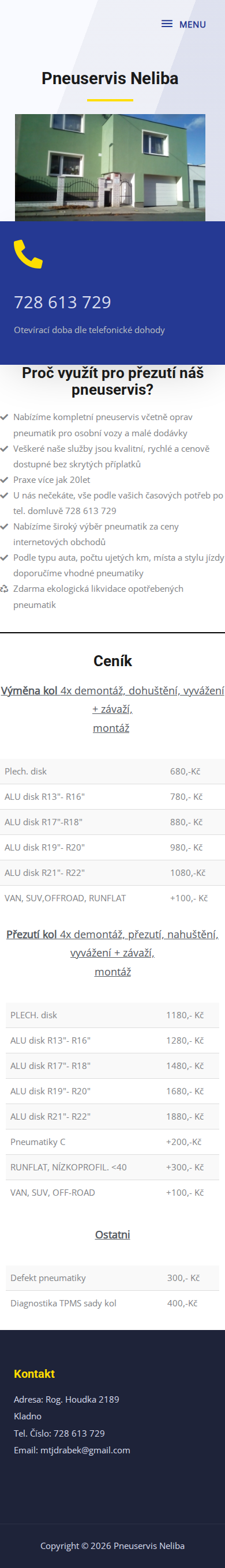 Současný web Pneuservis Neliba – pneuservis Kladno Neliba na mobilu
