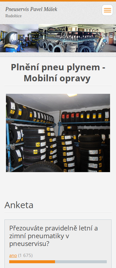 Současný web Pneuservis Pavel Málek na mobilu
