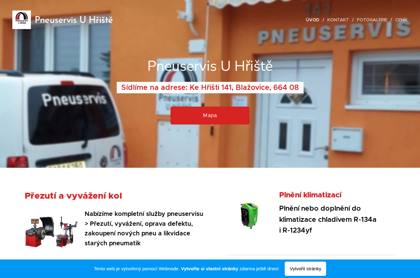 Současný web Pneuservis U Hřiště na počítači