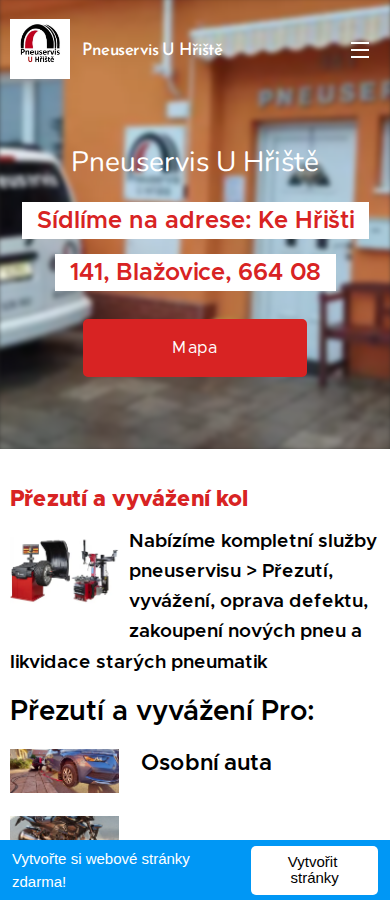 Současný web Pneuservis U Hřiště na mobilu
