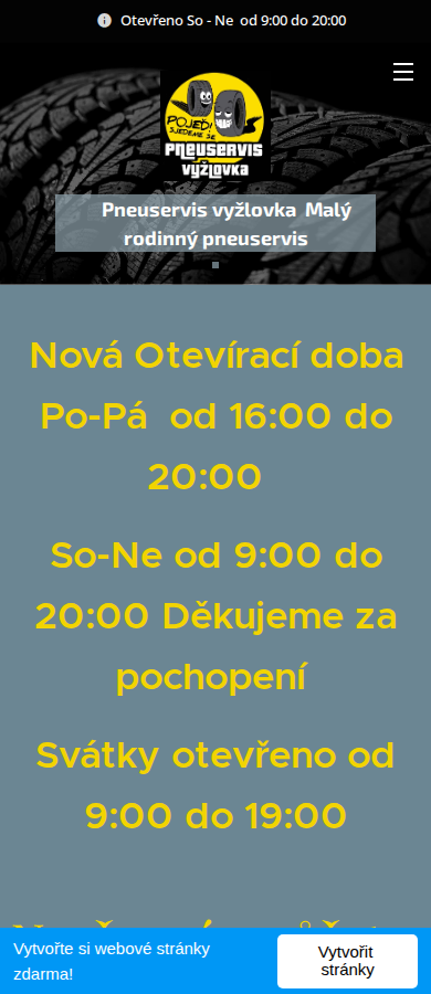 Současný web Pneuservis Vyžlovka na mobilu