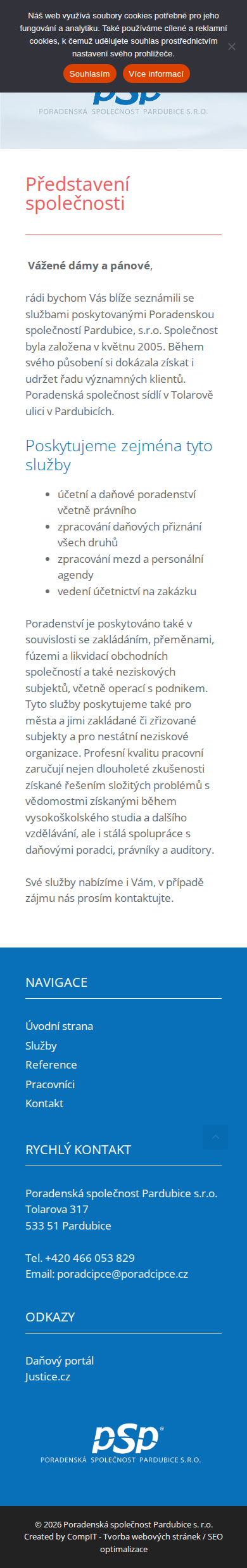 Současný web Poradenská společnost Pardubice na mobilu