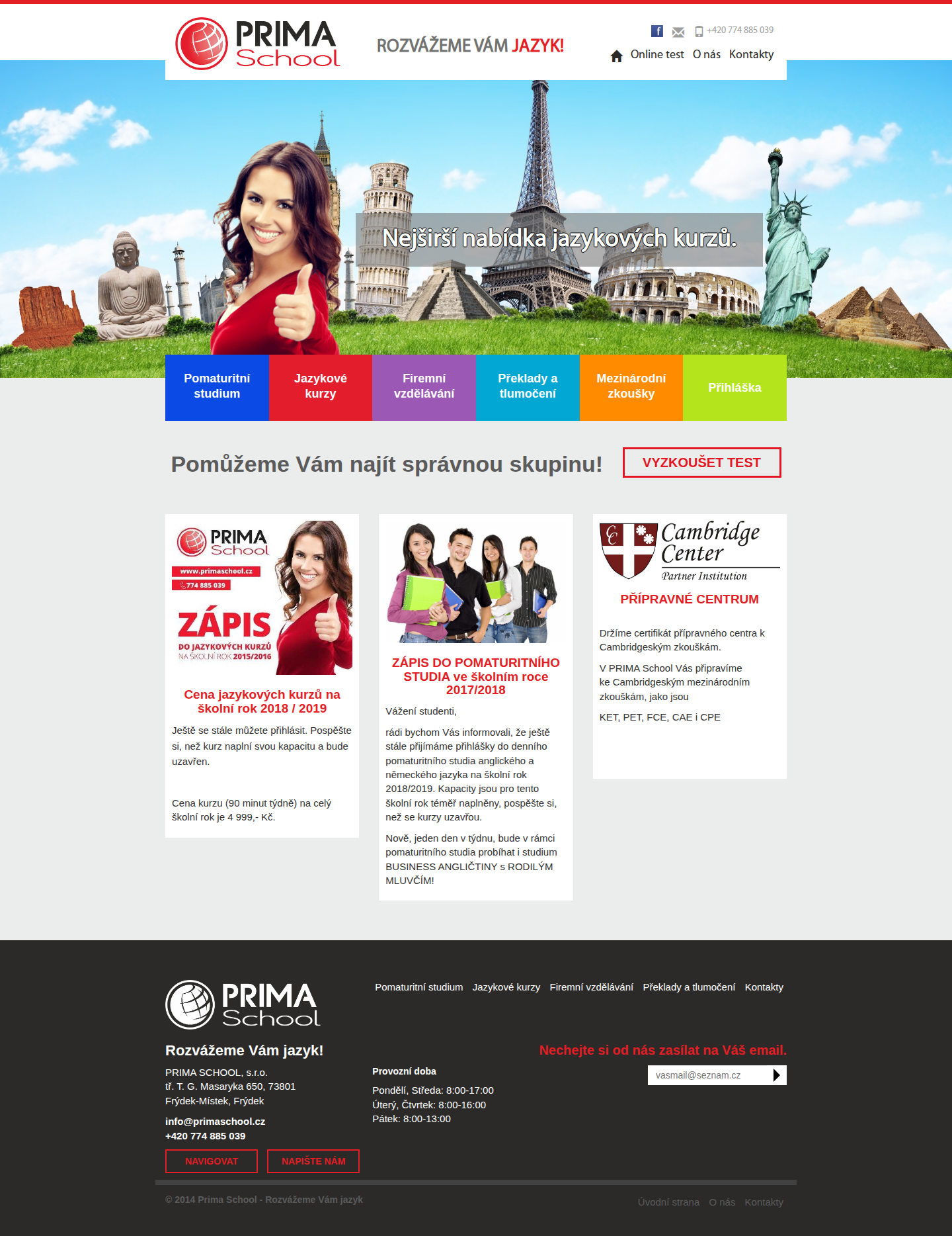 Současný web PRIMA School Frýdek-Místek na počítači