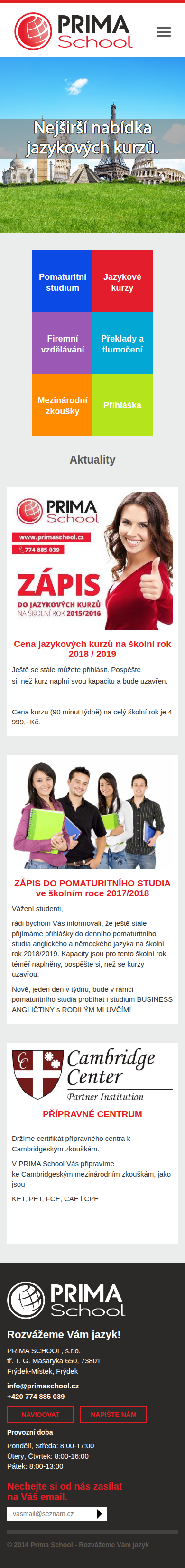 Současný web PRIMA School Frýdek-Místek na mobilu