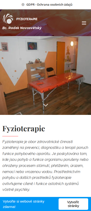 Současný web Privátní fyzioterapie Radek Novosvětský na mobilu