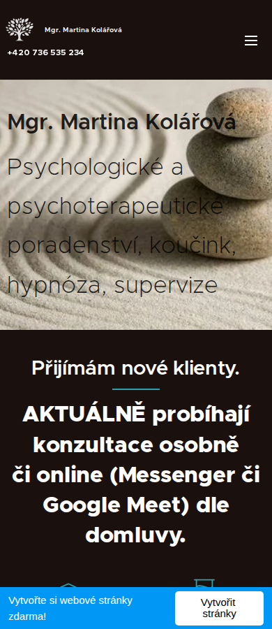 Současný web Psycholog a psychoterapeut Třebíč, Mgr. Martina Kolářová na mobilu