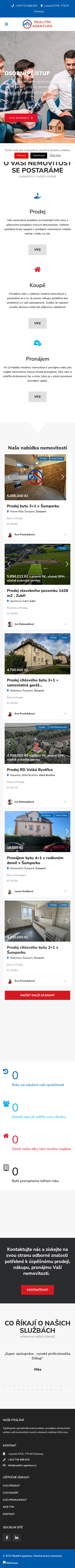 Současný web Realitní kancelář Olomouc na mobilu
