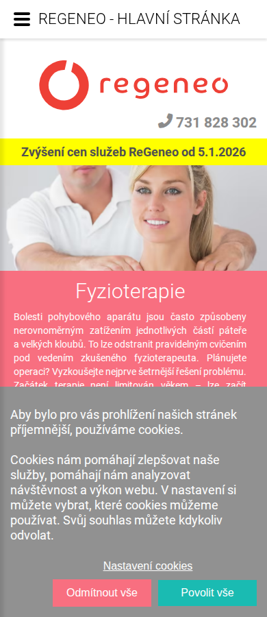 Současný web ReGeneo - Hlavní stránka na mobilu