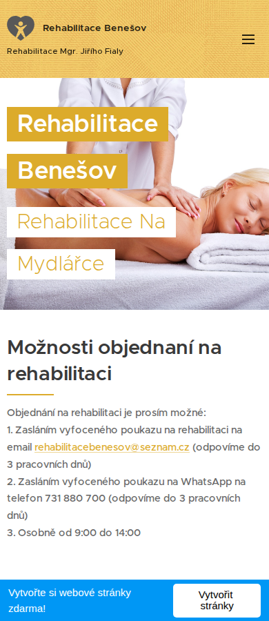 Současný web Rehabilitace Benešov na mobilu
